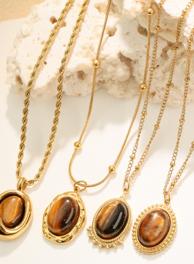 天然虎眼石不锈钢吊坠项链不掉色