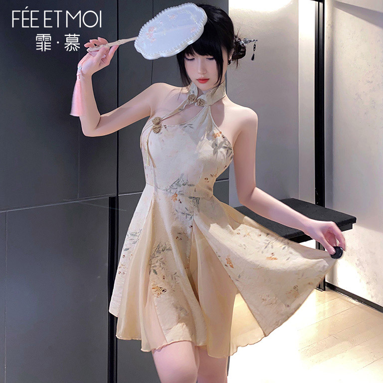 霏慕新中式A字印花旗袍睡裙女夏季2025新款性感睡衣裙子古风纯欲,淘宝优惠券,粉丝福利购,淘宝优惠卷