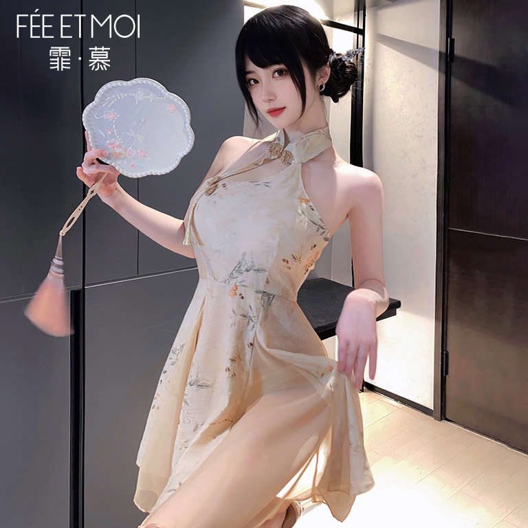 霏慕新中式A字印花旗袍睡裙女夏季2025新款性感睡衣裙子古风纯欲,淘宝优惠券,粉丝福利购,淘宝优惠卷