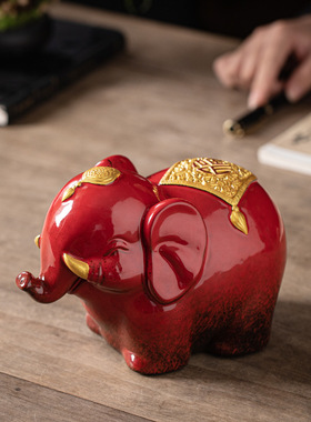 陶瓷红色大象摆件一对吸水招财镇宅小象摆设家居客厅办公室工艺品