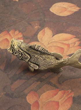 新中式仿古玩古董大嘴鲈鱼黄铜工艺品摆件霸气海洋大鱼摆设收藏品