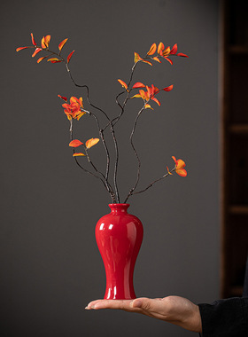 陶瓷红色花瓶结婚喜庆摆件客厅插花瓶中国红创意复古供佛风水摆件