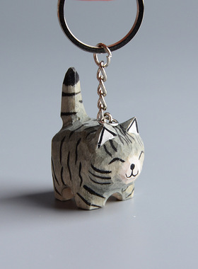 纯手工木质雕刻工艺品猫咪摆件动物木雕钥匙扣学生背包挂件装饰品
