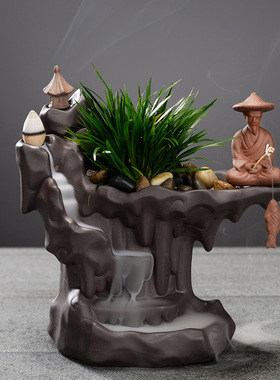 紫砂倒流香炉小和尚摆件熏香炉禅意高山流水家用檀香香薰炉线香插