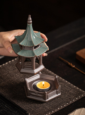 中式创意古风陶瓷六角亭子家用香薰氛围感禅意复古蜡烛烛台座摆件