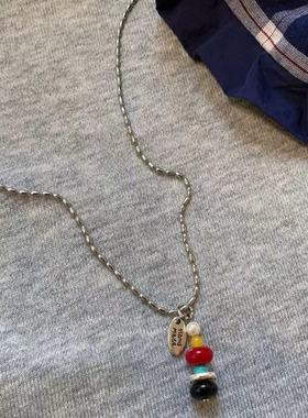 许愿塔撞色串珠吊坠项链韩国小众设计感独特毛衣链ins复古高级感