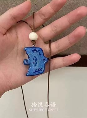 蓝色小鸟石塑黏土吊坠项链