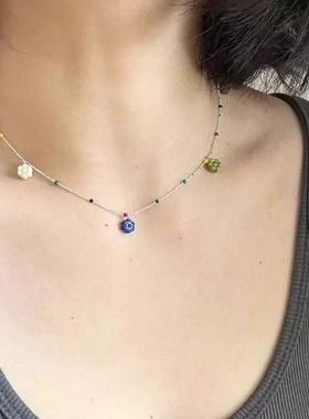 春夏新款叠戴彩色小花朵吊坠项链