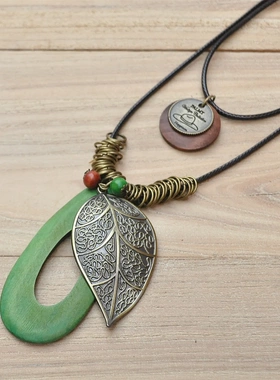 日韩饰品毛衣链长款项链配饰简单复古叶子挂件百搭蜡绳项链