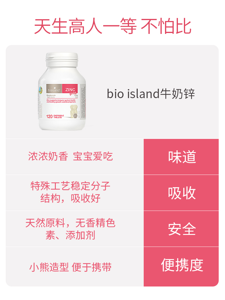 bio island佰澳朗德婴幼儿童咀嚼片1岁牛奶锌片宝宝补锌120粒*3瓶-图1