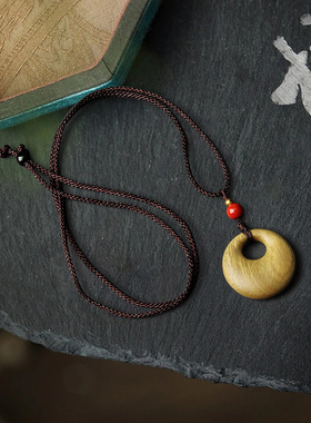 天然绿檀木古风平安扣吊坠新中式民族风毛衣链长款木质项链男女款