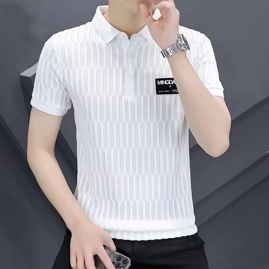 短袖t恤男士高级感提花冰丝polo衫夏季冰感速干薄款半袖有领体恤