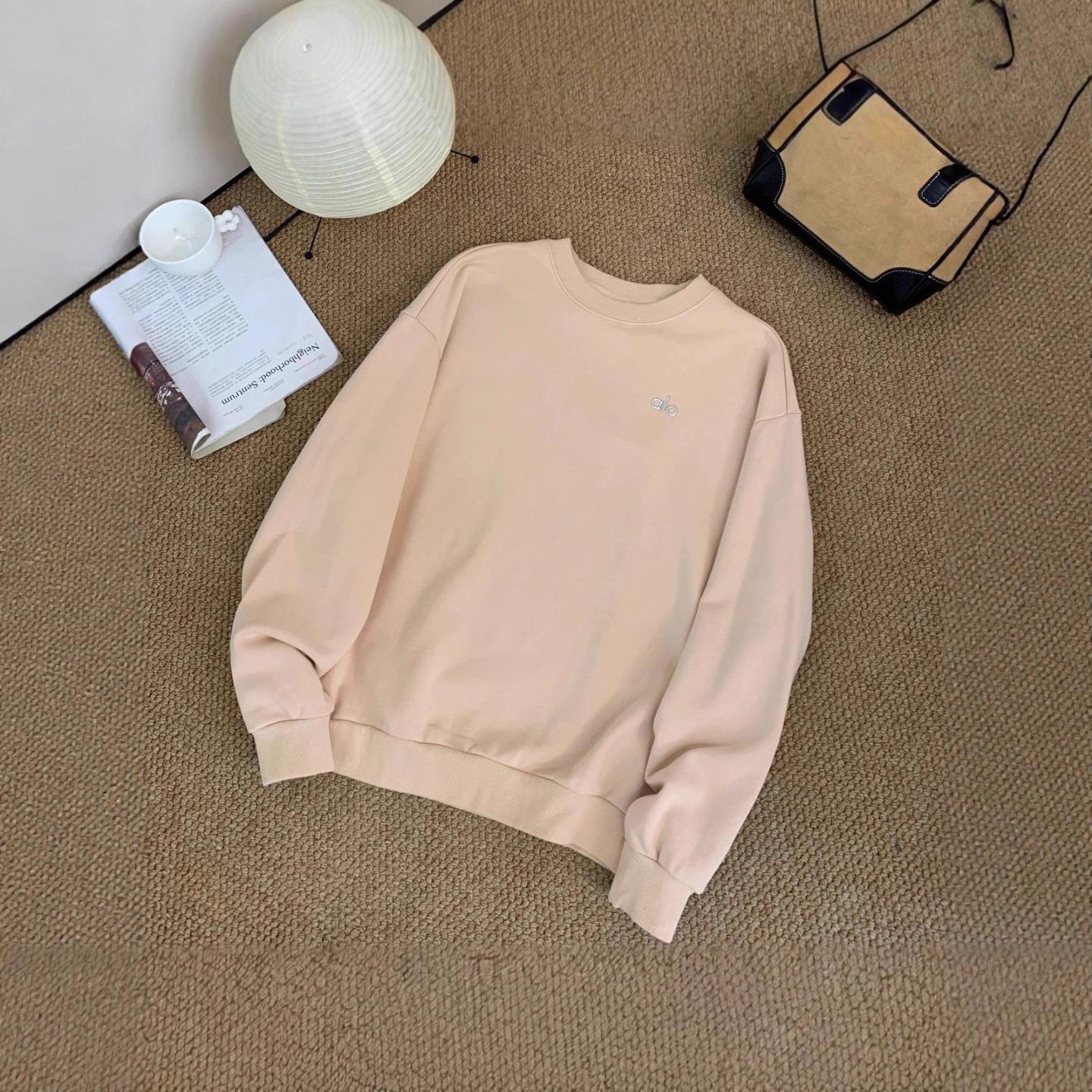 ALO秋冬季字母2025毛圈圆领长袖宽松情侣卫衣纯色简约款百搭女 - 图3