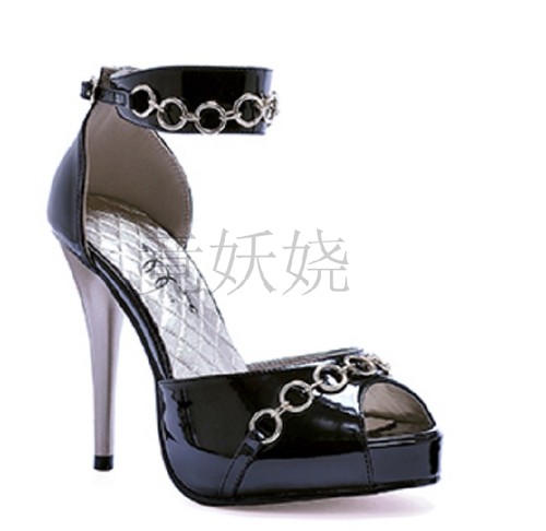 美国Ellie Shoes 10.25cm黑色鱼嘴链条装饰防水台高跟凉鞋女鞋-图0