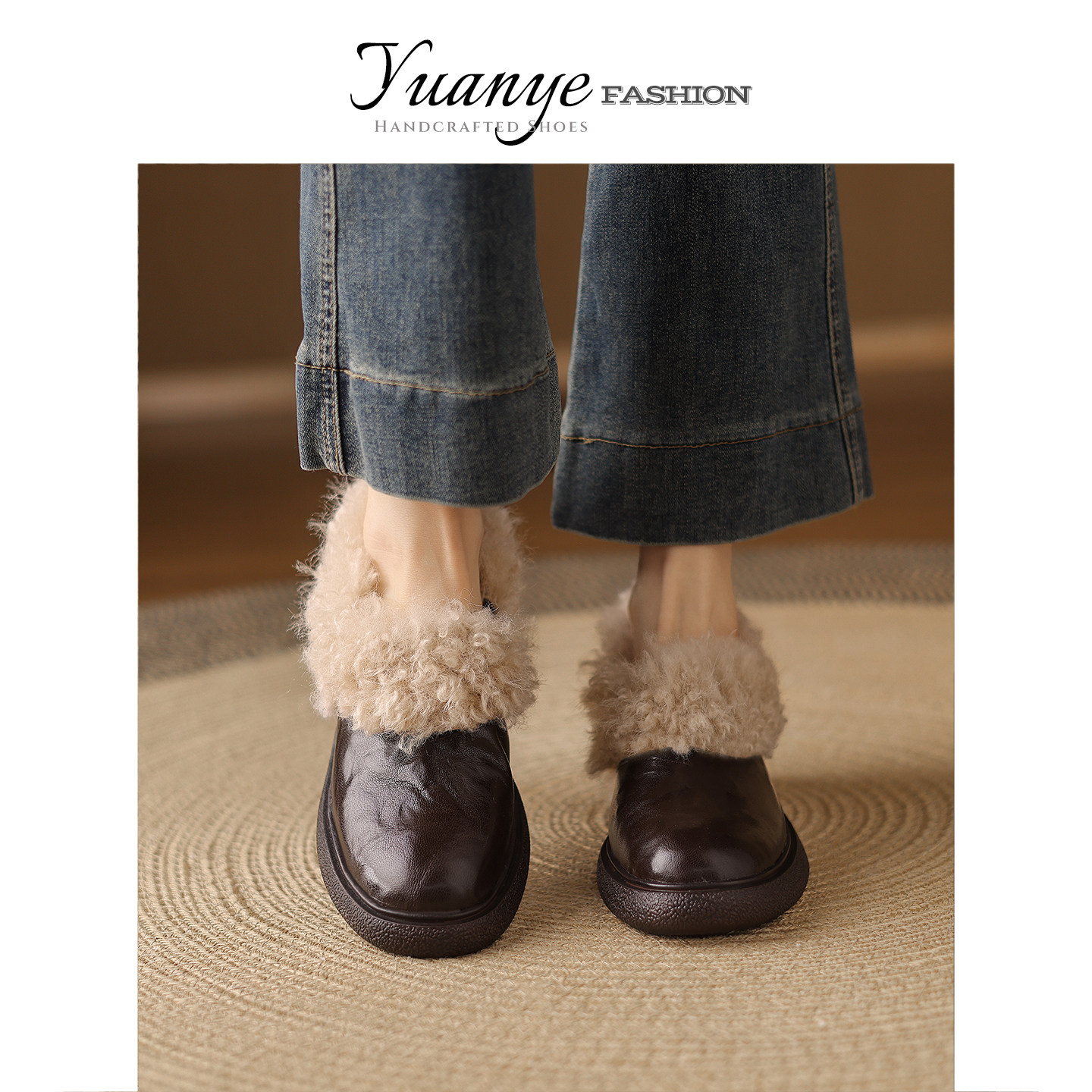 原野Yuanye●小太阳！真皮复古加绒乐福鞋女冬季新中粗跟深口单鞋,淘宝优惠券,粉丝福利购,淘宝优惠卷