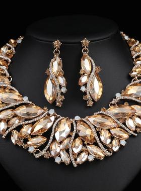 欧美夸张水晶短锁骨项链礼服套装