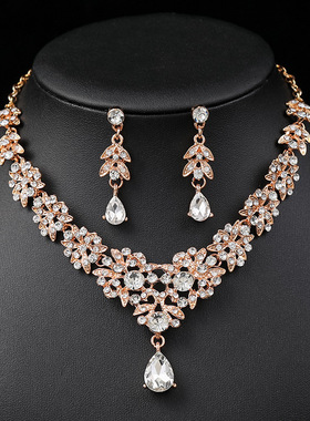 欧美新娘饰品 项链套装 结婚首饰 镶锆水钻晚宴礼服配饰套链耳环