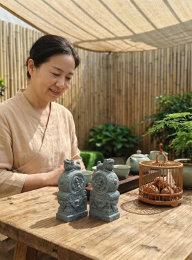 青砂抱鼓狮石狮子摆件茶桌鱼缸造景茶宠装饰品桌面庭院门口摆设