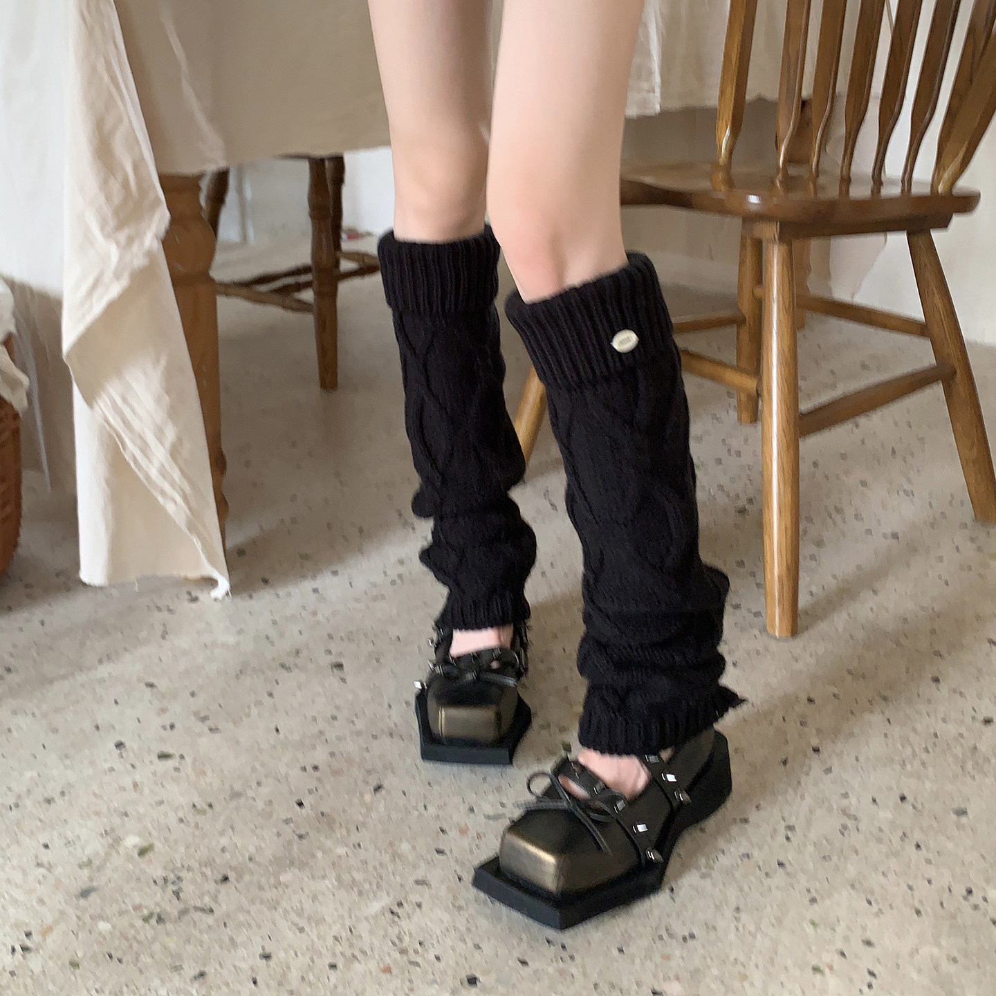 复古秋冬蓝色加厚麻花纹袜套女单边纽扣粗线针织堆堆袜腿套长筒袜,淘宝优惠券,粉丝福利购,淘宝优惠卷