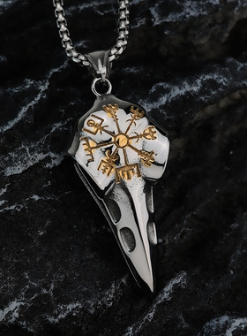 复古不锈钢男士吊坠维京乌鸦头指南针个性项链挂件