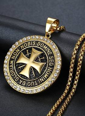 速卖通男士饰品潮流配饰钛钢创意长城纹十字军骑士吊坠项链