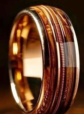 跨境不锈钢戒指吉他弦镶嵌酒桶木戒指指环宽男一件男士戒指