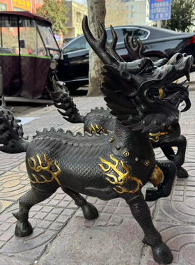 铜麒麟摆件火麒麟一对神兽招财
