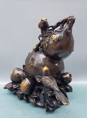 铜喜鹊寿桃葫芦摆件大号招财家居