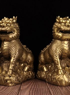 铜招财护宝双角麒麟神兽摆件一对