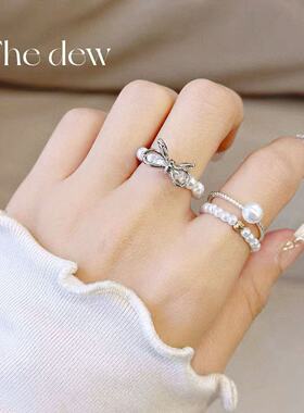 朝露thedew戒指女小众设计ins风素圈食指戒蝴蝶结珍珠戒指轻奢