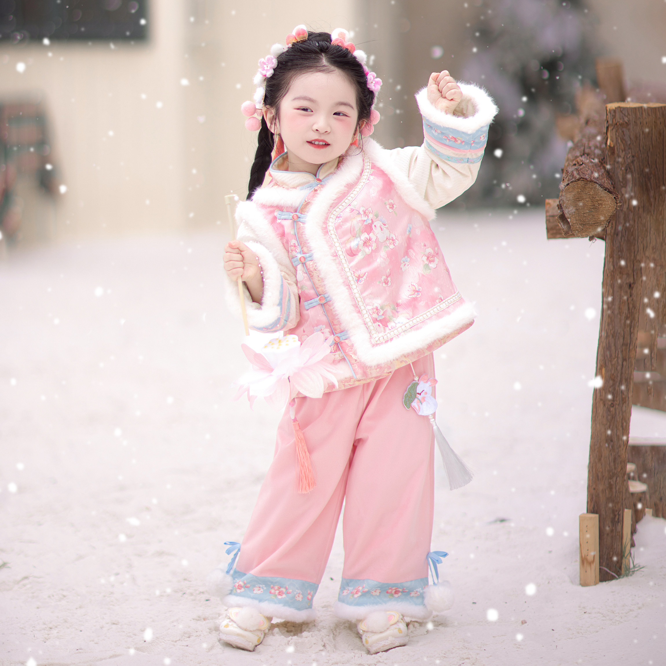 兮兮家汉服女童冬季新款国风新中式裤子套装加厚绒拜年服唐装雪桃,淘宝优惠券,粉丝福利购,淘宝优惠卷