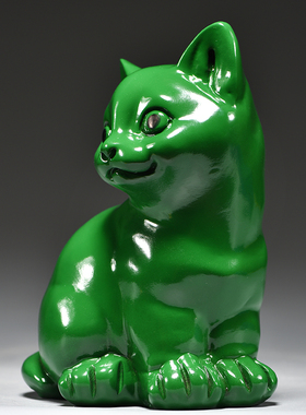 绿色实木质猫咪雕刻摆件动物木头小猫家居客厅房屋补角装饰工艺品
