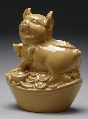 土黄陶瓷小猪生肖吉祥摆件