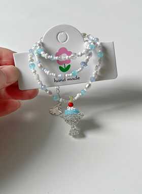 蓝色布丁蛋糕串珠项链甜品喫茶系列食玩生日礼物原创设计