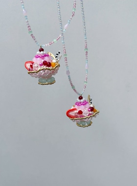 草莓芭菲杯 串珠甜品草莓小蛋糕项链米珠长款项链长度54加5