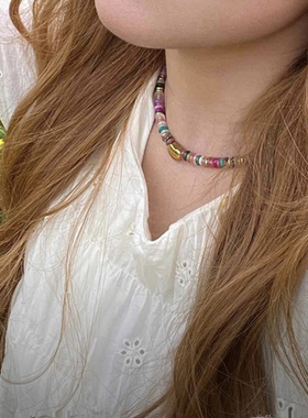 Duo La原创小众设计彩色天然石爱心项链女轻奢chorker钛钢锁骨链