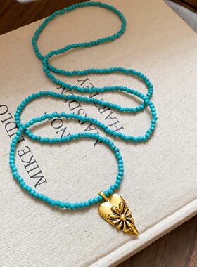 Duo La复古长款双层叠戴绿松石项链女新中式民族风百搭爱心毛衣链