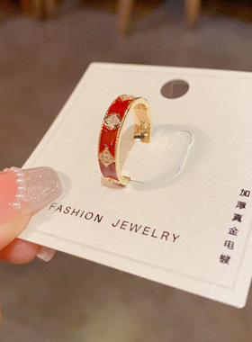 复古滴油镶钻四叶花开口戒食指戒