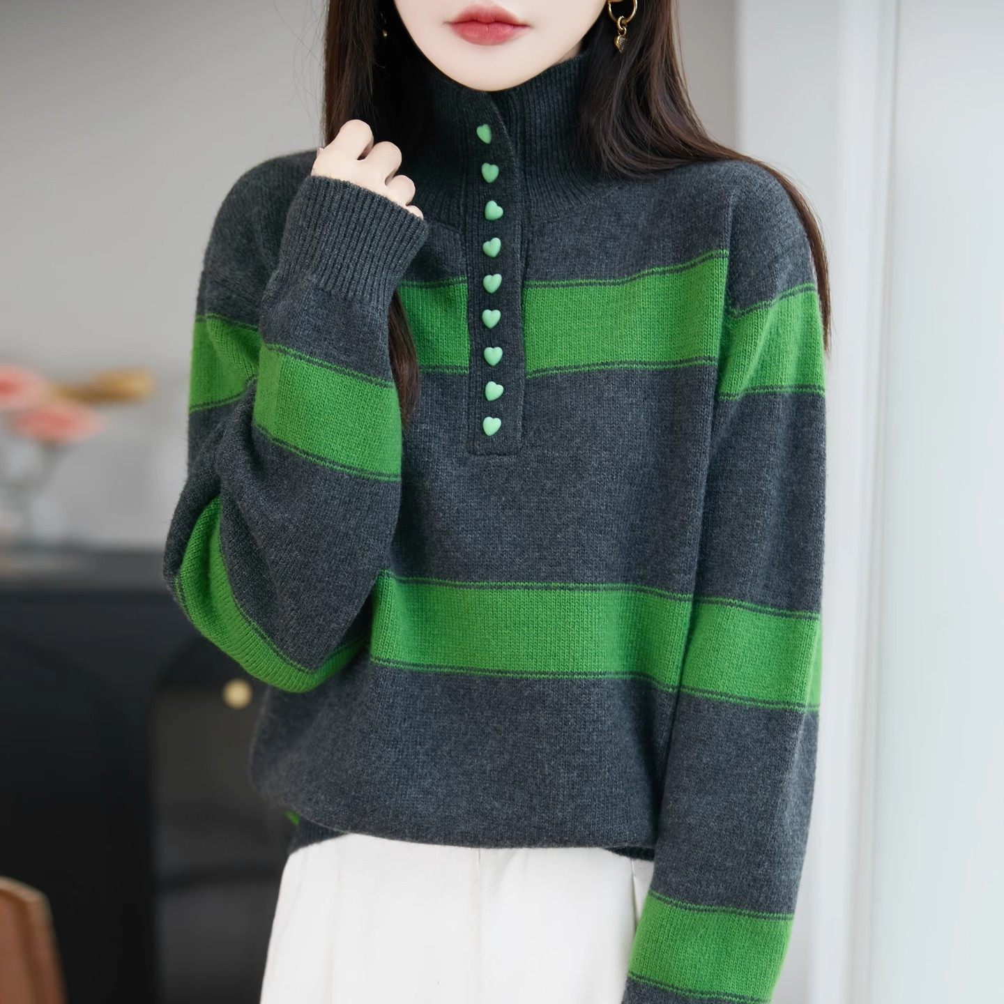 复古条纹撞色半高领毛衣女2025秋冬纽扣半开领加厚保暖打底针织衫,淘宝优惠券,粉丝福利购,淘宝优惠卷