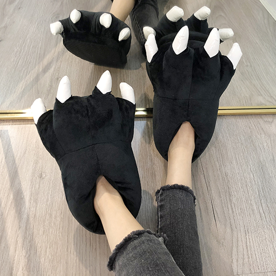 冬爱情公寓卡通恐龙熊掌防滑保暖毛绒包跟室内搞怪男女爪子棉拖鞋 - 图0