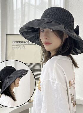防晒黑胶遮阳帽蝴蝶结夏季遮脸渔夫帽子户外草帽防紫外线太阳帽女
