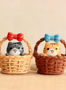 苔藓微景观竹篮起司猫创意摆件