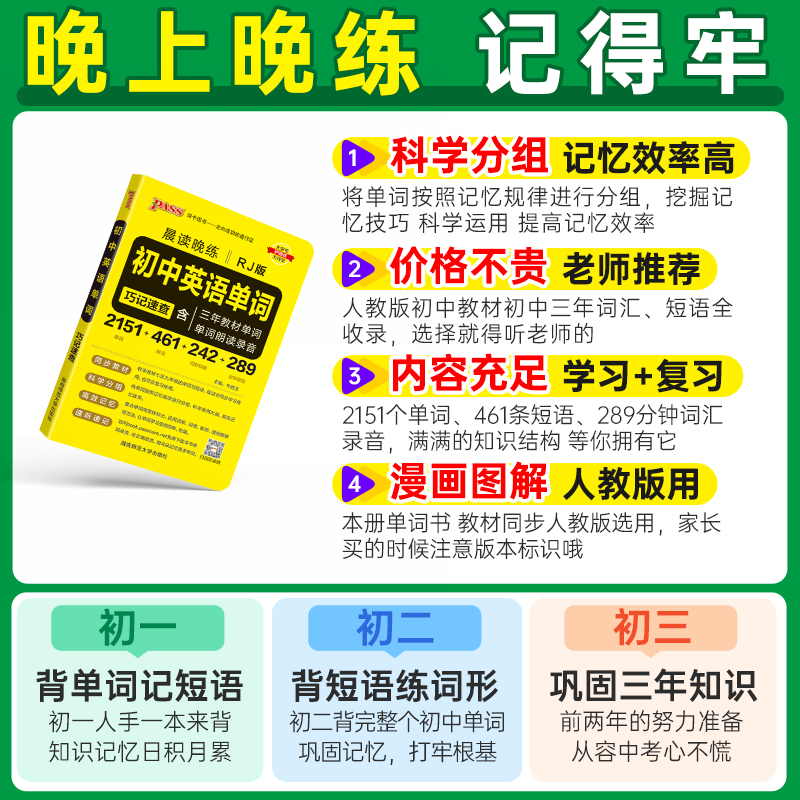 初中英语单词词汇人教版晨读晚练巧记速查小册子七八九年级教材单词书词汇短语口袋书初一二三中考教辅资料书pass绿卡图书记背神器-图1