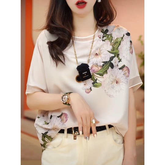 High-end short-sleeved chiffon printed t-shirt for women