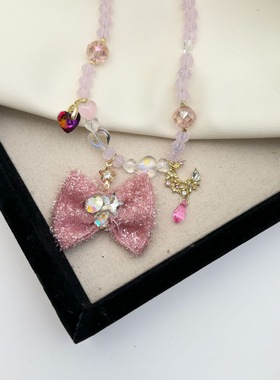新款多巴胺粉色编织蝴蝶彩色米珠夏日锁骨链项链百搭个性项链女时