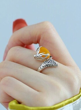 925银复古蜜蜡狐狸小众百搭戒指