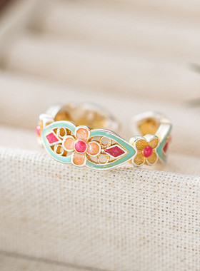 925银民族风珐琅花朵气质戒指女