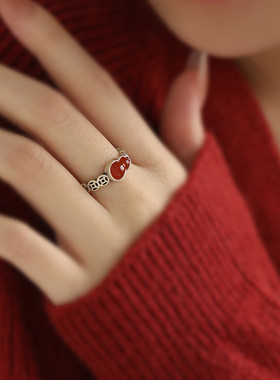 925银中国风南红葫芦铜钱戒指女