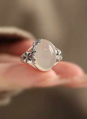 925银民族风椭圆花叶蛋面戒指女