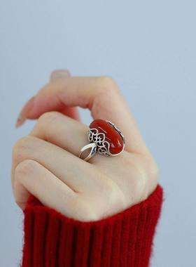 925银复古南红玛瑙椭圆蛋面戒指
